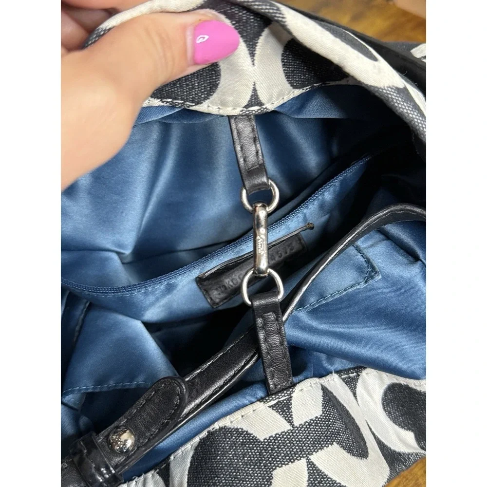 Coach Signature Op Art Draw String Sides Hobo Handbag Black‎ White 14573